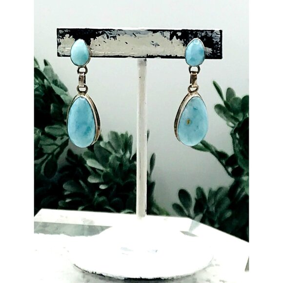 Vintage Style Larimar & Sterling Silver Teardrop Earrings - Picture 5 of 6